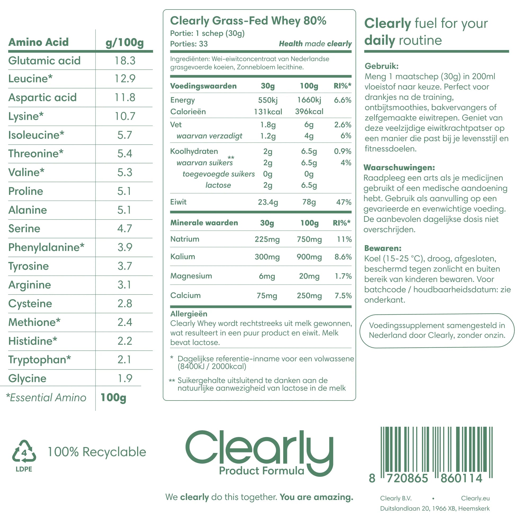 Clearly Grass-Fed Whey - 1000 gram - 80% (33 servings)
