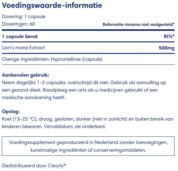 Clearly Lion's Mane Extract - 500 mg (60 capsules)