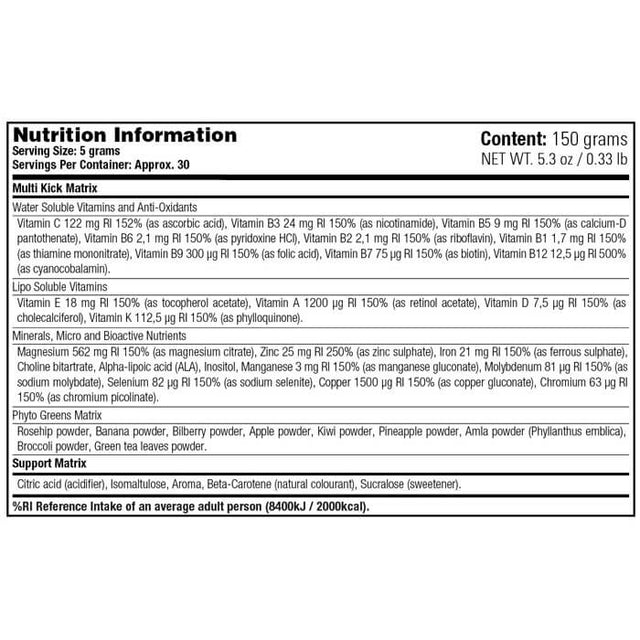 NVE Stacker - Multi Kick (150 gram) - supplement facts
