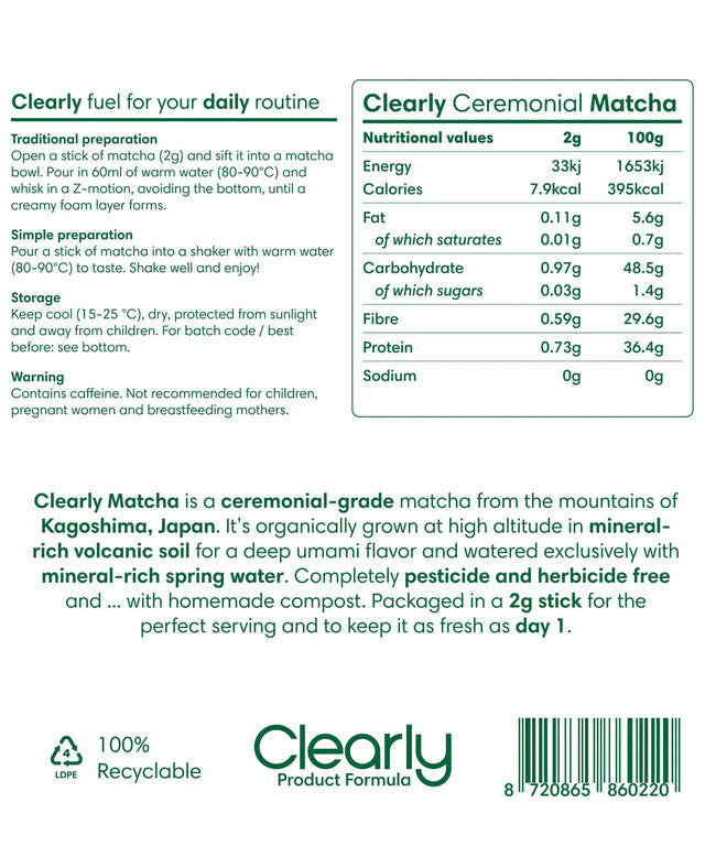 Clearly Matcha Biologisch - Ceremonieel  (2 gram per stick – 21 stuks)