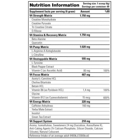 NVE Stacker - Rush V4 (180 / 360 gram) - supplement facts